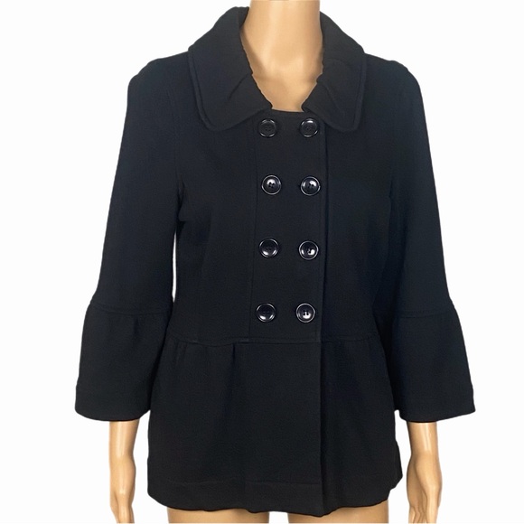 FEVER Black Stretchy Double-Breasted 100% cotton Pea Coat Peplum Bottom Medium - Picture 2 of 13
